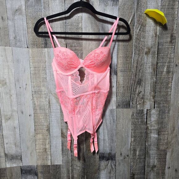 Victoria's Secret  sheer lace corset bodice Rosettes 34C Adjustable - Picture 1 of 6